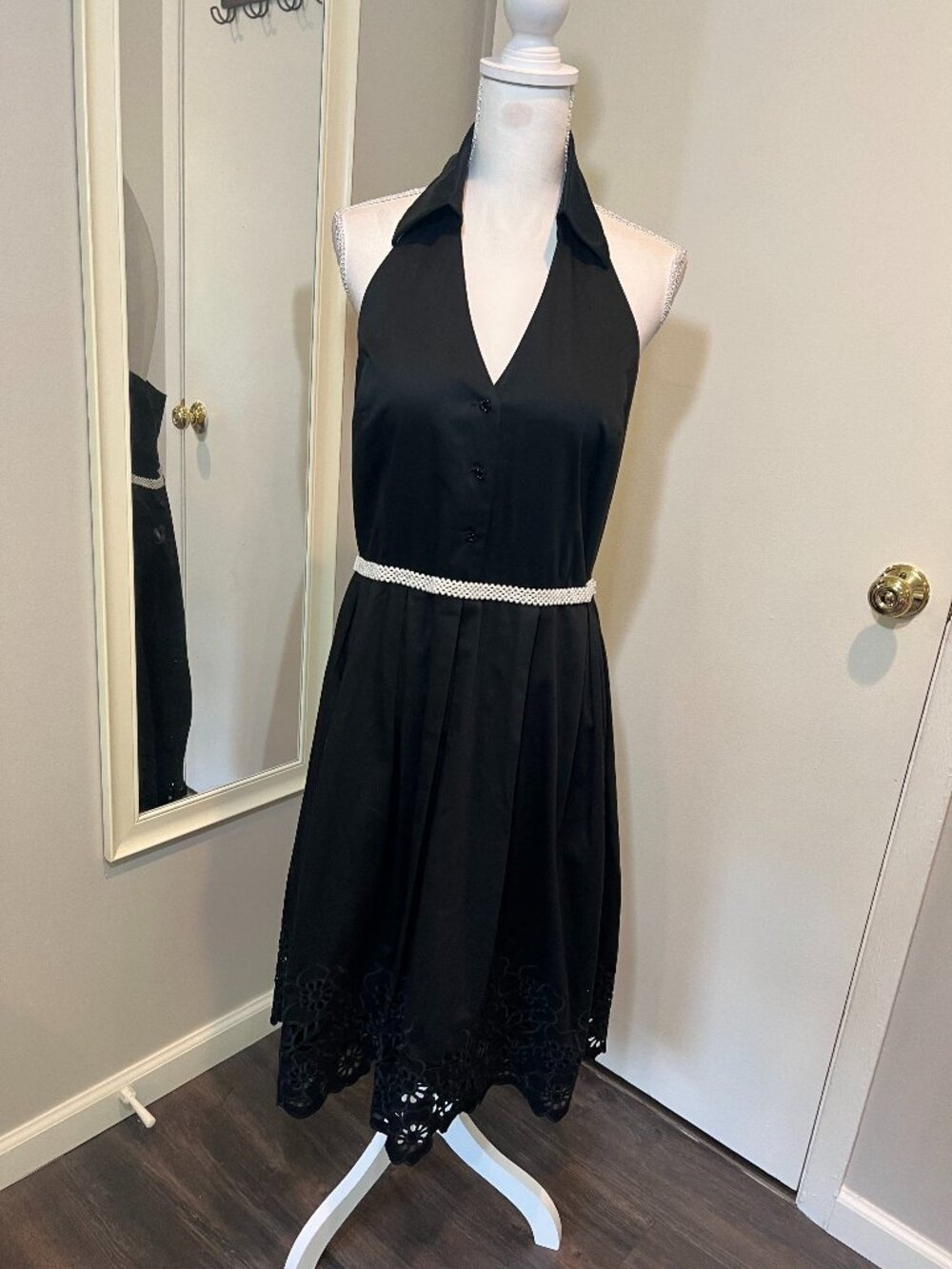 Vintage Black Halter Fit and Flare Dress with Pearl waistband, Size Large? - Picture 1 of 16